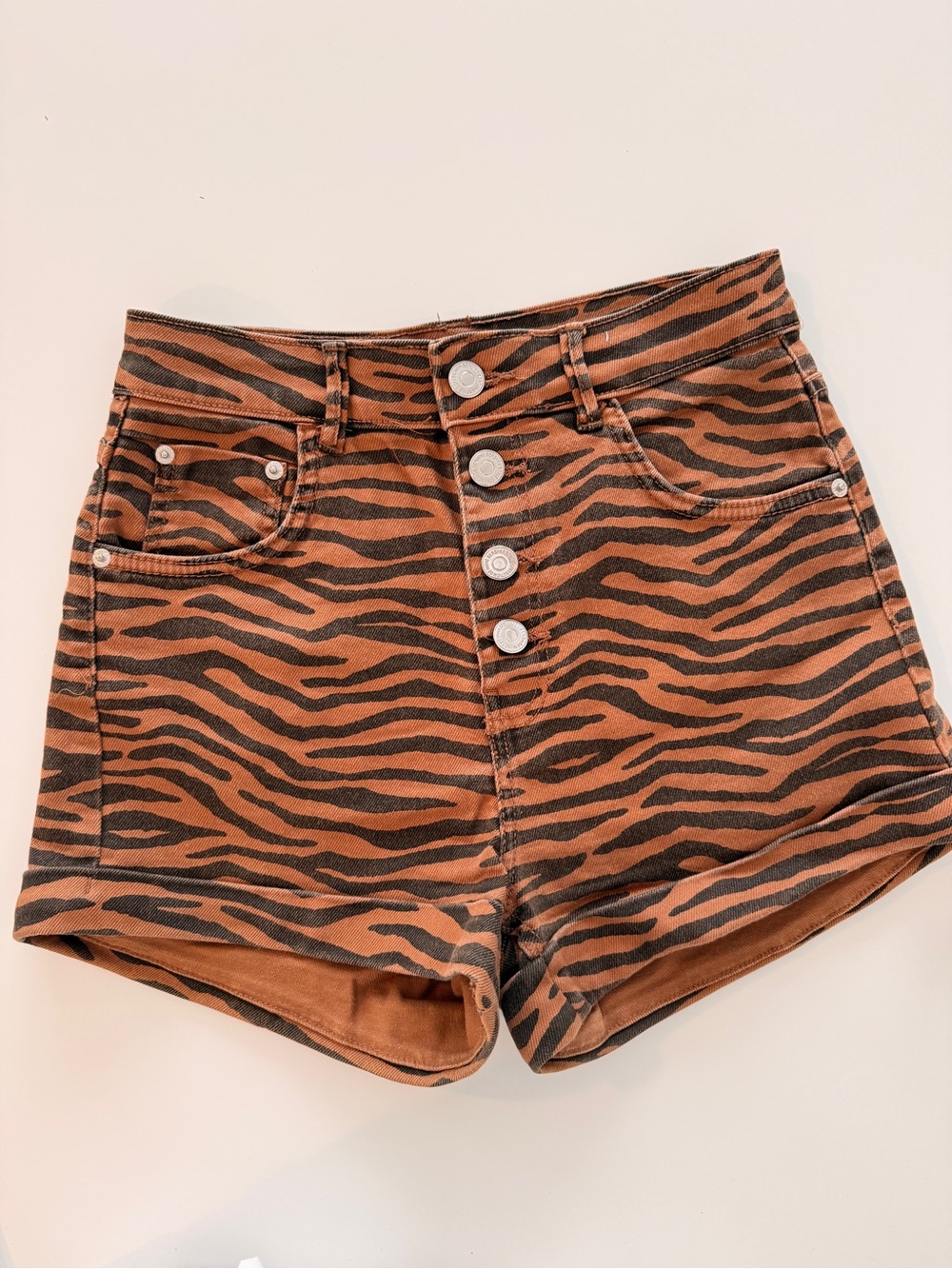 Bershka High-Waist Tiger Stripe Shorts - Brown/Black
